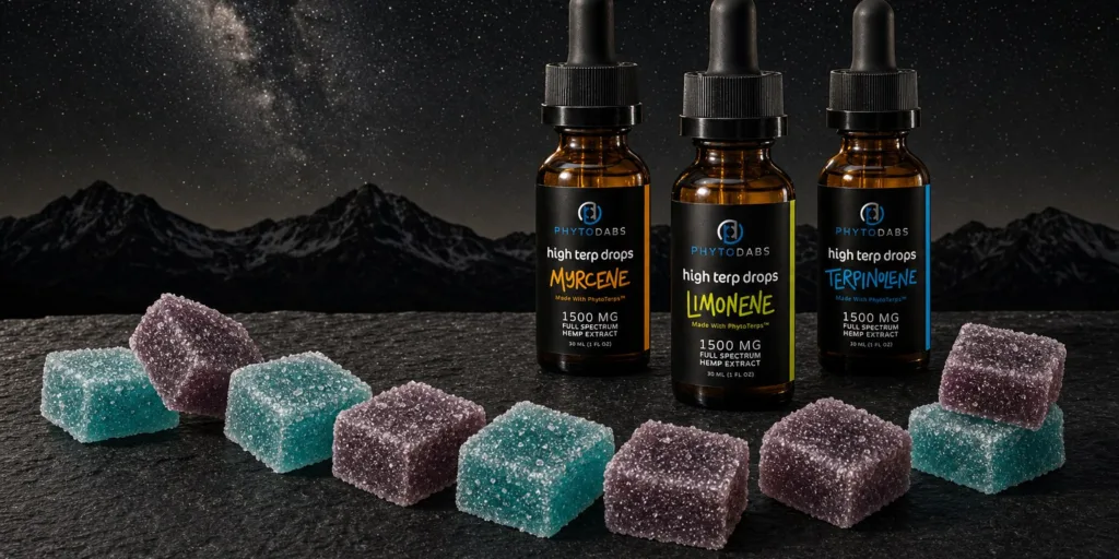High Terp Drops Myrcene, Limonene, and Terpinolene bottles with sugar-dusted gummies on stone under a Colorado night sky